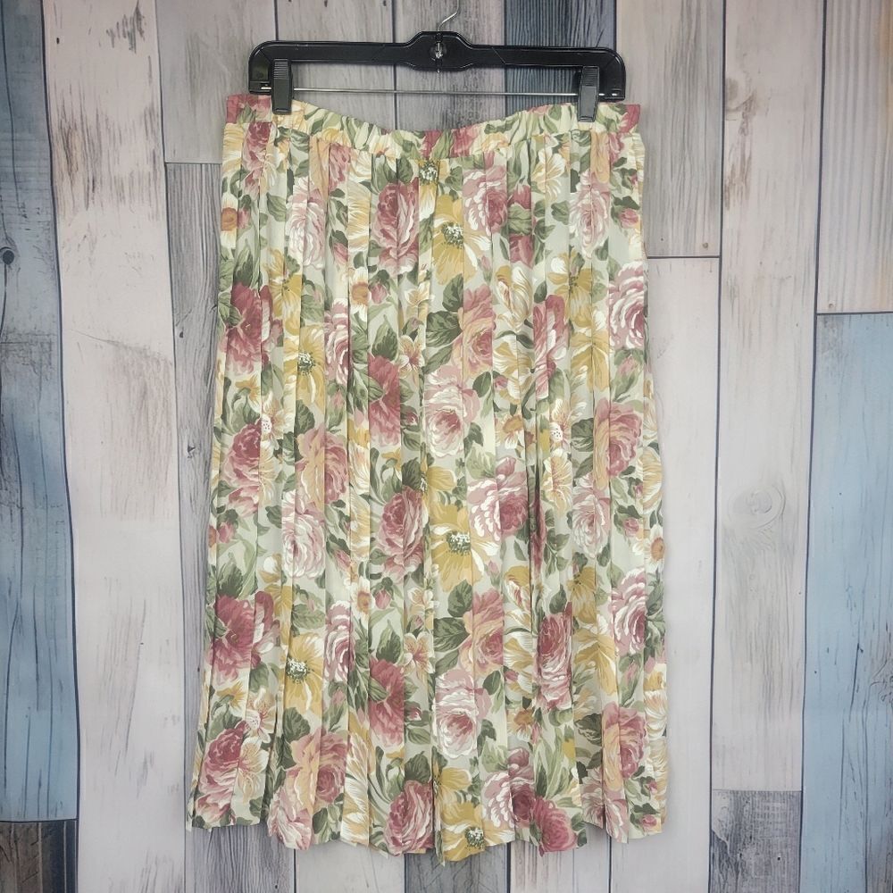 Vintage Leslie Fay Floral Pleated Skirt Midi Knee Length size 16